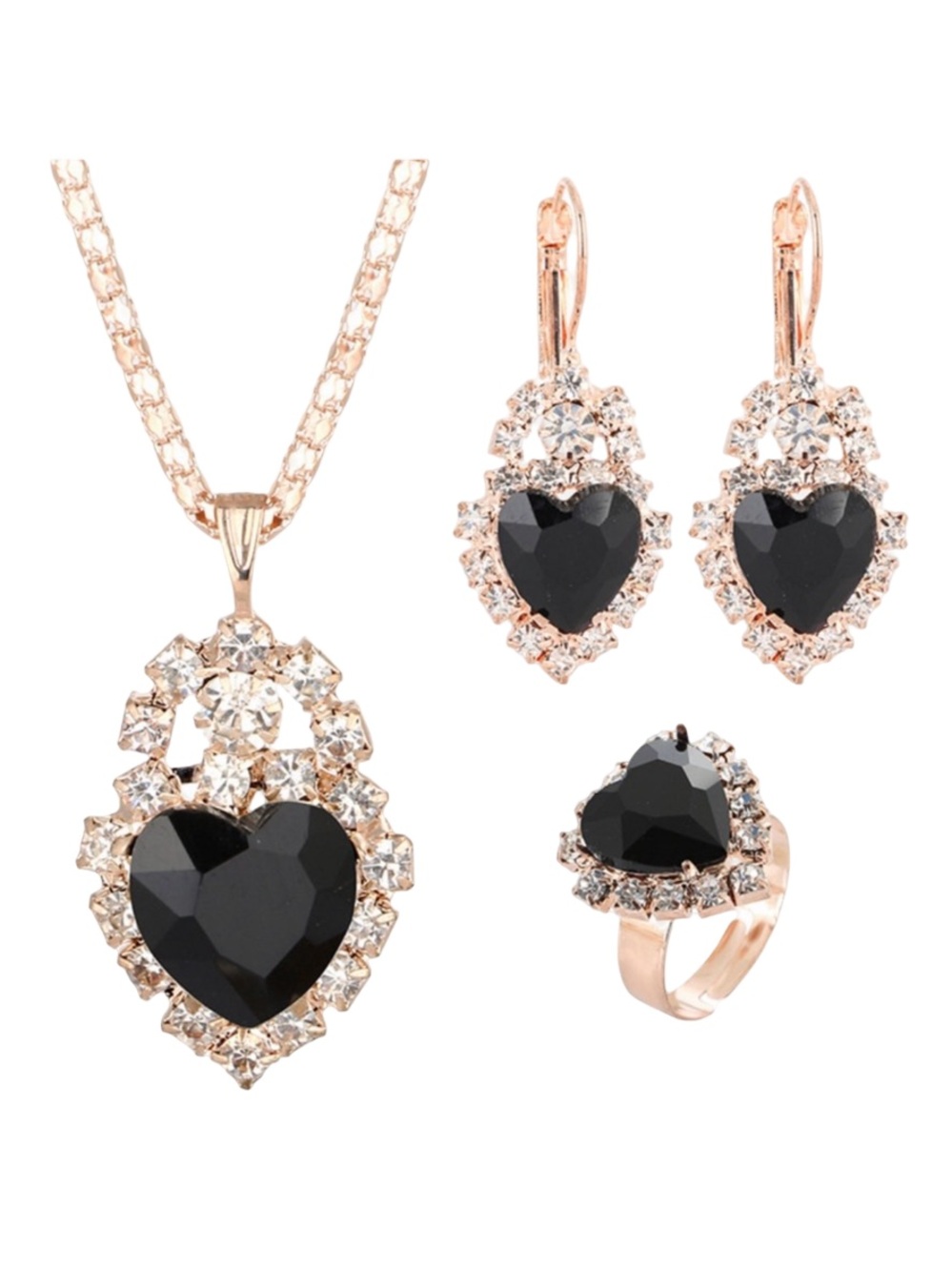 Rose Gold Heart Jewelry Set with Black Crystal Accents